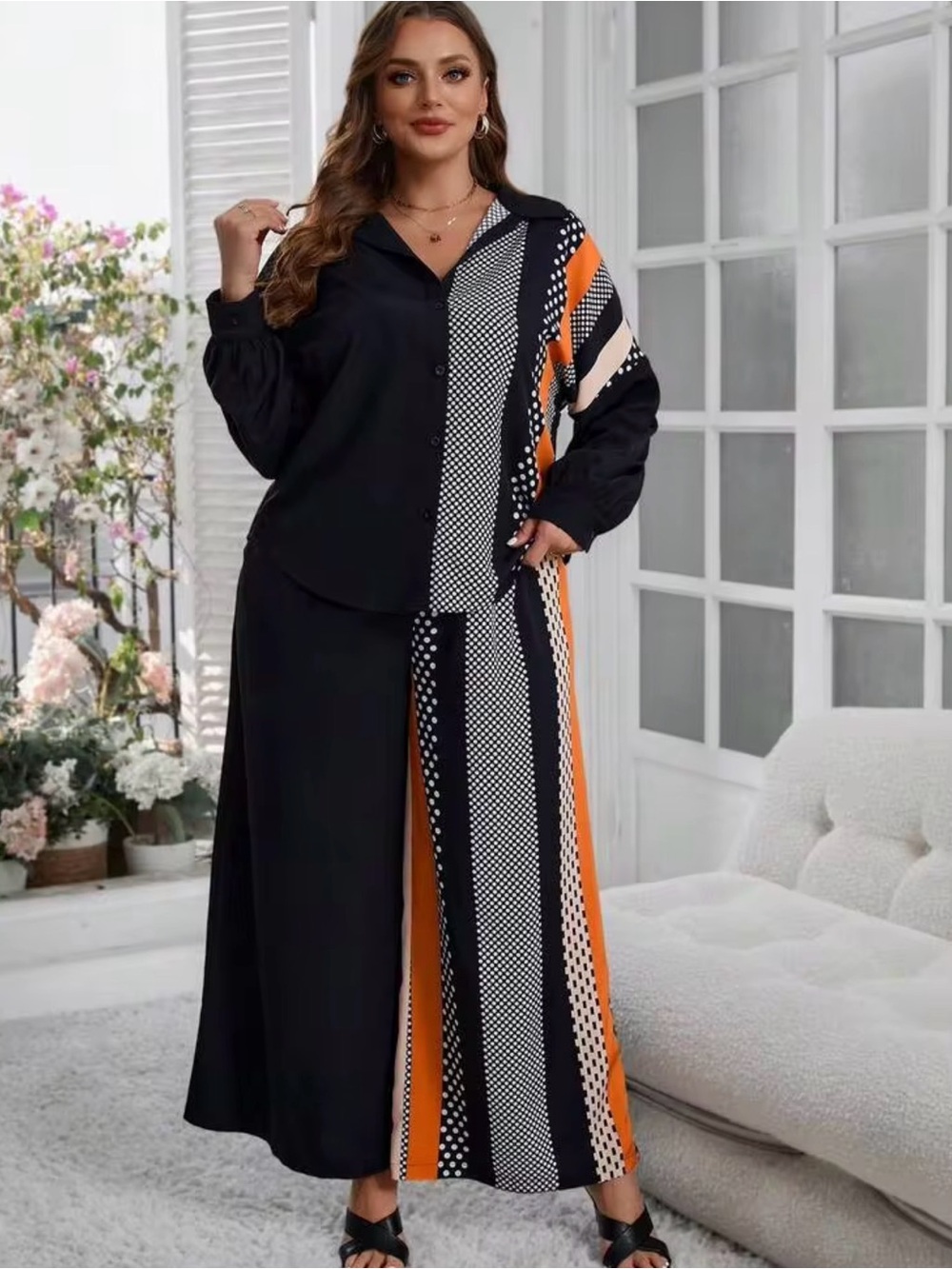 SHEIN Black and Orange Colorblock Polka-Dot Maxi Jumpsuit - Gently Used